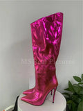 Women's High Boots Gold Silver Pointed Toe Knee-high Boots For Woman Sexy High Heels Party Shoes Ladies Stiletto botas