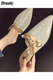 Female 2023 Metal Chain Rhinestone Shiny Bling Flat Sandals Slip-on Evening Party Slides Shoes Silver Pumps 43