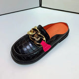 Women Slipper Low Heels Casual Slides Flip Flop Round Toe New Arrival Brand Design Gold Chain Closed Slip On Shoes