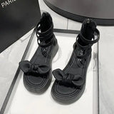 Sandals Woman Leather Low-heeled PU Rome Slides Fabric Hoof Heels Rubber Low Sandals Woman Leather Low-heeled Slides