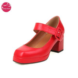 Top Qulaity Women Pumps New Spring Autumn Square High Heel Platform Black Red White Retro Mary Janes Japanese Dress Party