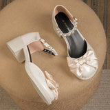 Silk Bowknot Platform Mary Jane Shoes Women 2023 Autumn Pearls Strap Pumps Woman Patent Leather Party Wedding