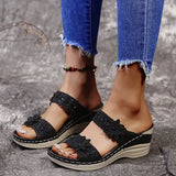2022 summer ladies casual shoes retro flower fish mouth sandals ladies rhinestone mid-heel wedge sandals open toe large