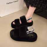 Slippers Female 2024 Autumn Winter New Large Size Elastic Belt Home One Word Plush Slippers