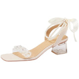 Sandals Crystal Sweet Elegant Square Toe Concise Pearl Ladies Shoes Summer Silk Bowknot Clear Heels Women's Sadalias