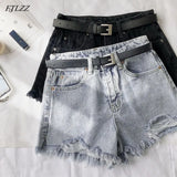 New Summer Women High Waist Hole Blue Denim Shorts Casual Female Solid Color Frayed Black Jeans Shorts With