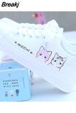Women Sneakers Fashion Breathble Vulcanized Shoes Pu Cute Cat Cartoon Lace Up Casual White Women Shoes Zapatos De Mujer