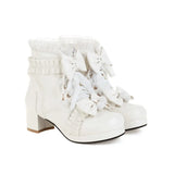 EDEELVEEYS Sweet Bowknot Ruffles Med Heels Shoelace Gothic Lolita Style Ankle Boots Japanese Harajuku Women Shoes Big Size
