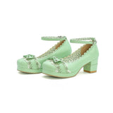 Lolita Shoes Women High Heels Vintage Hollow Flowers Ankel Strap Bow Cute Girls Princess Party Students Lovely Pumps Size