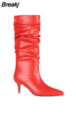 Women Mid-Calf Boots Sexy Solid Color Leather Folds Boots Pointed Toe Thin Heels Stiletto Party Shoes Large Size