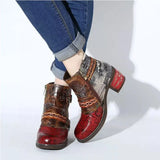 Vintage Splicing Printed Ankle Boots for Women Shoes Woman PU Leather Retro Block High Heels Zipper Women Boots Big