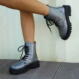 Patent Leather Ankle Boots Women 2023 Punk Gothic Colour Motorcycle Botas Woman Fashion Thick Bottom Lace Up