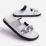 Summer Women Metal Chains Slipper Open Toe Runway Ladies Green Black White Med Heel Slides Shoes Peep Toe