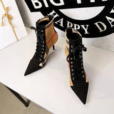 Breakj Korean Version Of Fashion With High Heel Pointed Plaid Color Suede Lace Trend Cross Straps Ankle