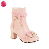 Womens Chunky Med Heel Ankle Booties Sweet Lolita Bow Lace Up Boots with Side Zipper Cosplay Shoes Pink Black White Size