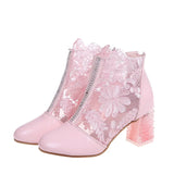New Woman Mesh Black Ankle Boots for Women Summer Square Heels Boots Sandal Ladies Round Toe Lace