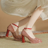 Thick With Explosive Flash Show He Wedding Dress Two Wear Not Tired Foot Wedding Shoes Square Head Beautiful Crystal Shoes Waterproof Platform High
