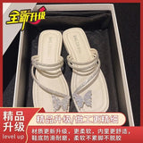 Breakj Summer New Ins Korean Version Of The Bow Sandals Women Flat-Bottomed Fairy Water Drill Clip Cool Slippers Women
