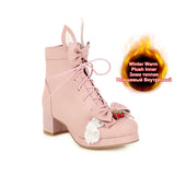 Vintage Girls Japanese Lolita Ankle Boots Women Cute Bow Princess Shoes Ladies Rabbit Ear Square Heel JK Uniform Colsplay