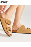 New Summer Beach Holiday Women Cork Slipper Casual Buckle Non-slip Outside Nubuck Leather Slides
