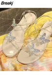 New Butterfly Crystal Sandals Thick Heel Strap Round Toe Buckle Sandals Sexy Party Shoes Summer Ladies Elegant
