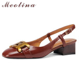 Shoes Women Natural Genuine Leather Square Toe Med Heels Pumps Meta Decoration Slingbacks Thick Heel Lady Shoes