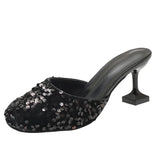 Slippers Female 2023 Summer Show Sequins Round Head Thin With High With Baotou Back Fashion Casual Half