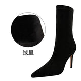 Breakj Fashion Simple Pedicure Women's Boots Thin Heel High Heel Suede Pointed Sexy Nightclub Show Skinny Ankle