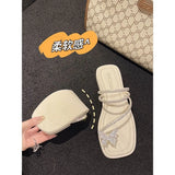 Breakj Summer New Ins Korean Version Of The Bow Sandals Women Flat-Bottomed Fairy Water Drill Clip Cool Slippers Women