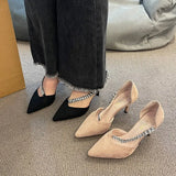 New Fashion Women Pointed Toe Dress Rhinestone Wedding Party Pumps Black Suede Sandal Crystal Embellished High Heels