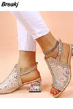 New Women Summer Fashion Mid Heels Peep Toe Shoes for Women Glitter Sandals Ladies Buckle Strap Bling Rhinestone