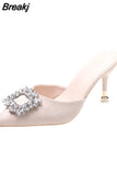 Female 2023 High Quality Mules Pumps Summer New Square Rhinestone Women Slippers Sexy Pointed Toe Thin Heels Party