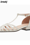 Size 34-39 Women Flats Sandals Genuine Leather T-Strap Ladies Shoes Designer Low Heels Summer Sandalias Ladies