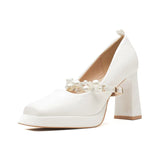Square Head Thick Heel High Heels 2024 Spring French Pearl One Word Buckle Satin Wedding Shoes Bride