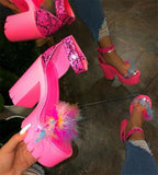 Breakj Hairy Word With High-Heeled Sandals Women's One-Character Thick Heel Waterproof Table Fashion