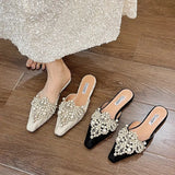 Breakj Wind Bag Head Lace Wedding Shoes Half Slippers Women 2025 Spring And Summer New Outside Wearing Pearl Water Drill Lazy Cold