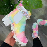 Ankle Boots Autumn Winter Rainbow Short Boots Square Heel Rhinestone Shoes Non-slip Fashion Thick Bottomn Footwear