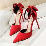Breakj Korean Version Of Delicate High Heels Satin Hollow Shallow Mouth Tip With Hollow Bow Female