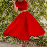 Women Spring Button A-Line Office Long Dress Summer Sexy V Neck High Waist Hem Boho Dress Short Sleeve Solid Maxi Beach
