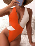 Women New Cross V-Neck Colorblock One Piece Swimsuit Summer Sexy Backless Slim Bikini 2022 Fashion Pleated One Piece