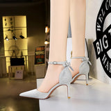 Breakj Hollow High Heels Fine Heel High Heel Shallow Pointed Hollow Out One Word Belt Back Bow