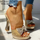 Fashion Female Bowknot Sexy Slippers 2021 Summer Slippers Women Platform Crystal Thick High Heels Shoes