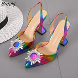 Color Women Sandals Pointed Toe Sun Style Rhinestone High Heels Weeding Shoes Spike Heel Slingback Pumps