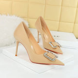 Breakj Fashion Banquet High Heels Fine Heel Shallow Pointed Satin Metal Water Diamond Buckle Single Shoe