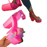 Breakj Hairy Word With High-Heeled Sandals Women's One-Character Thick Heel Waterproof Table Fashion