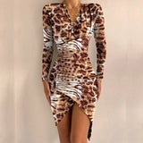 Vintage Leopard Printed Women Slim Party Dress Spring Autumn Ladies Elegant Irregular Dresses Sexy Deep V Neck Draped Slit