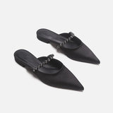 Leather Rhinestone Belt Sandals Woman Pointed Toe Slippers Flat Low Heels Mules Ladies Casual Slides Home&Outside