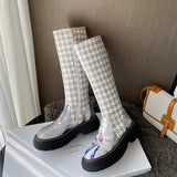 Women Platform Boots 2021 Winter Gothic Shoes Long Boots Houndstooth Black Beige Mid Calf Boots Round Toe Slip on Riding
