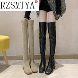 Female Women Boots Sexy Zipper Over The Knee Boots Women Flats Shoes Square Toe Long Boots Thigh High