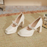 Square Head Thick Heel High Heels 2024 Spring French Pearl One Word Buckle Satin Wedding Shoes Bride